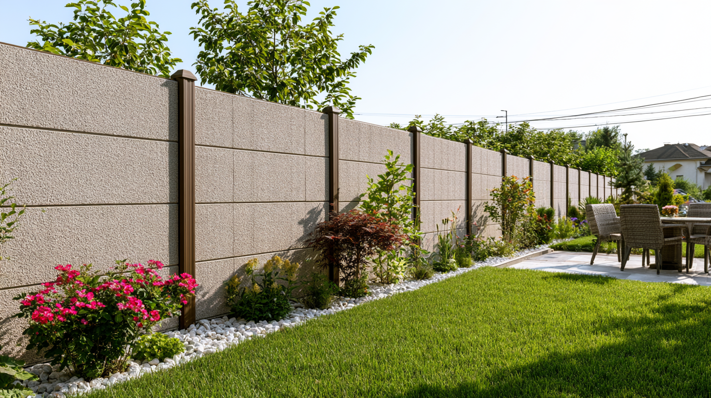 Tall masonry acoustic barrier wall along a backyard property line